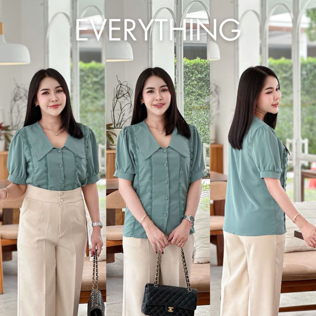 Everything2019 เสื้อทำงานผู้หญิงคอปกแหลม แขนสั้น กระดุมหน้า แต่งลูกไม้เก๋ๆ สีพื้น ไม่ซ้ำใคร (6445)