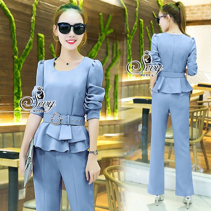 ชุดเซท Sevy Two Pieces Of Round Neck Long Sleeve Belt Blouse With Leg Cut Pants Sets