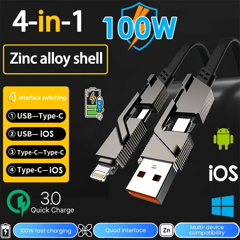ล่าสุดสายชาร์จอเนกปรสายชาร์จ 4in1 ชาร์จเร็วสูงสุด100W micro USB/Type-C/iOS สายชาร์จคุณภาพดี รองรับทั้งมือถือและแท็บเล็ต