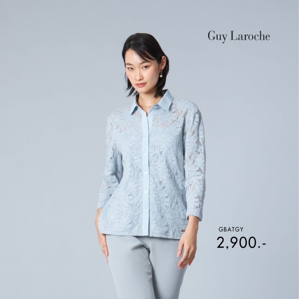 Guy Laroche ชุด ลูกไม้ ไปงาน เสื้อเชิ๊ตผู้หญิง Luxury Lace แขนสามส่วน สีเทา GBATGY – โปรปัง