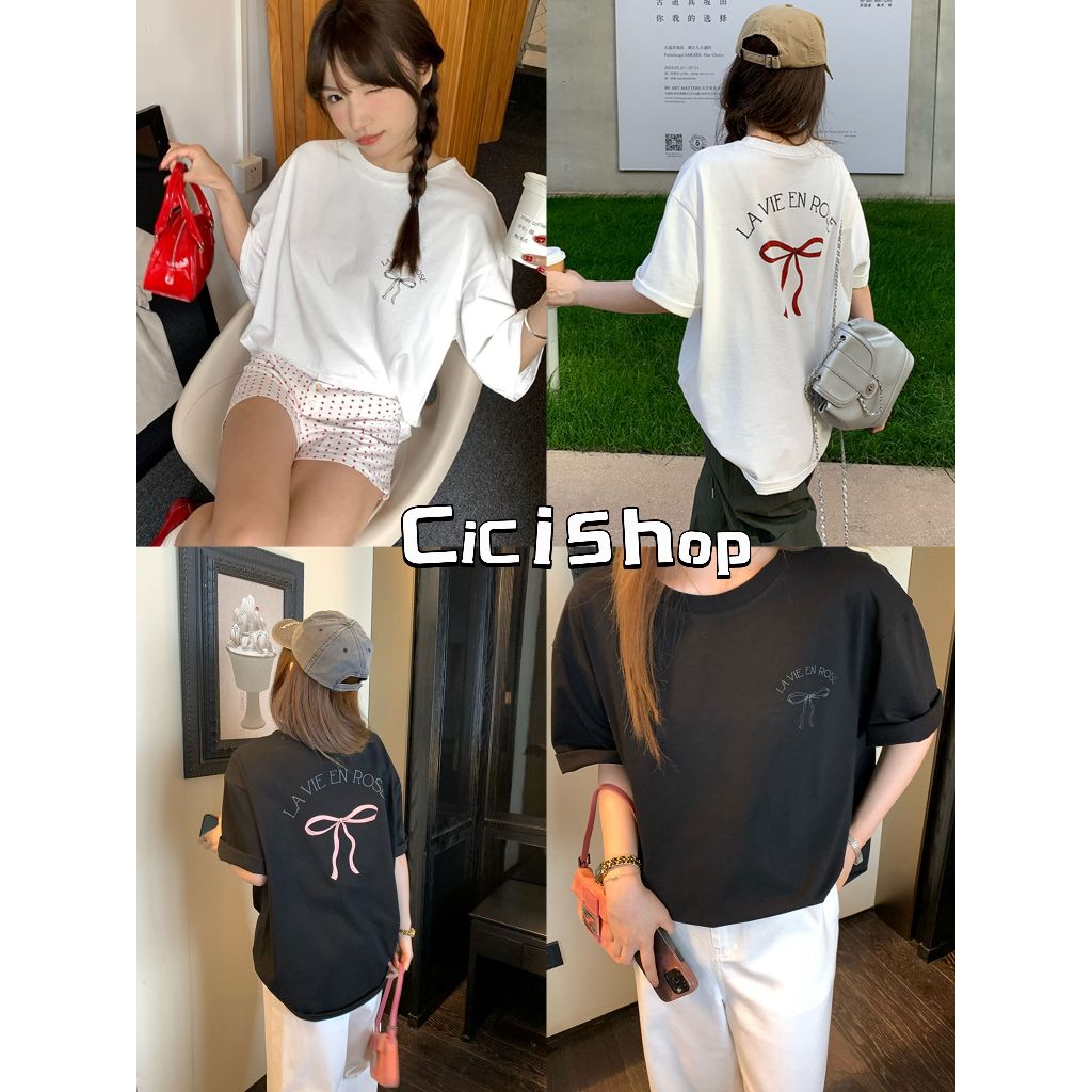 cicishop (1290-1) เสื้อยืดโอเวอร์ไซส์ ผ้าดี ทรงสวย คอกลมสกรีนลายโบว์ สไตล์เกาหลีเกาหลี