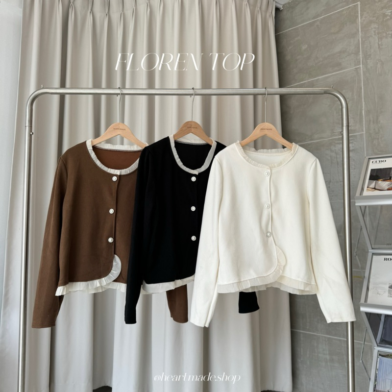 Heartmade - Floren Top (สินค้าพร้อมส่ง) เสื้อครอปกระดุมหน้า แต่งริบบิ้น ขอบครีม (กระดุมขาว/ดำ)