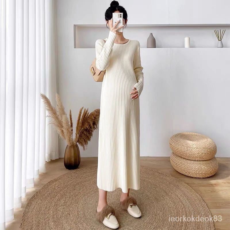 พร้อมส่ง ชุดเดรสคนท้องรุ่นใหม่สำหรับฤดูหนาวคอกลมคลุมท้องคุณแม่ตั้งครรภ์ไซส์ใหญ่หนาคลุมสะโพกกระโปรงไหมพรม 2ILT
