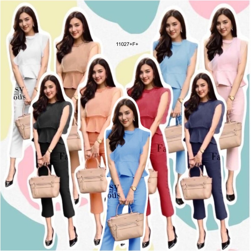 TwinsShopVip พร้อมส่ง TW11027 Set 2 ชิ้น เสื้อแขนกุดคลุมผ้าแก้ว + กางเกงขายาว