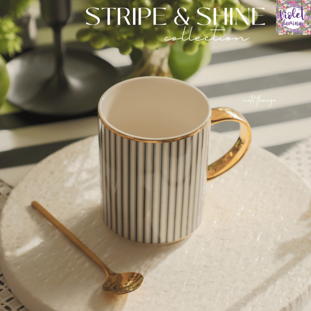 Violet Flamingo แก้วมัคทรงตรง รุ่น Stripe and Shine แก้วกาแฟมีหูจับสีทอง ความจุ 350ซีซี งานเกรดคุณภาพ ส่งออกต่างประเทศ