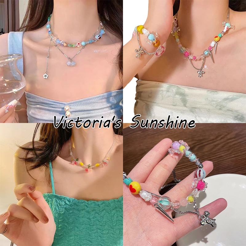 Victoria's Sunshineเครื่องประดับ สร้อยคอ สร้อยคอ ประดับลูกปัด สีน้ำเงิน โซ่ไหปลาร้า Y2Kสไตล์เกาหลี Dopamine#0448