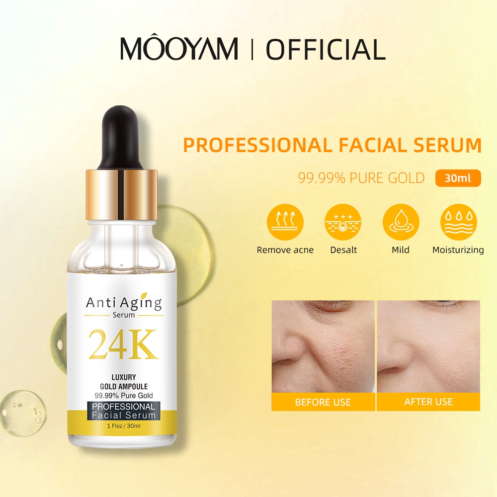 MOOYAM เซรั่มทองคำ24K สำหรับผิวหน้า ไมด์เอสเซนส์บำรุงผิวหน้าให้ความชุ่มชื้นรูขุมขนทำให้ผิวกระจ่างใส 30ml