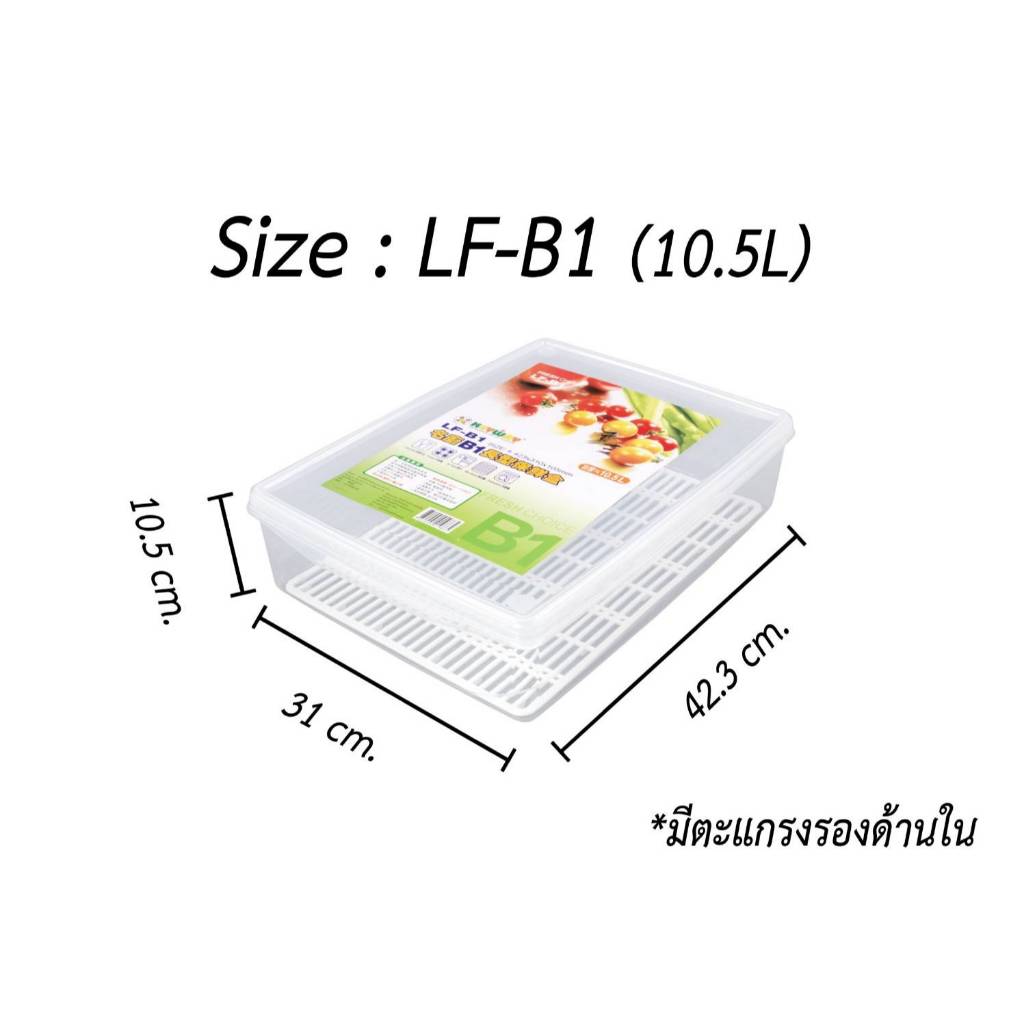 กล่องถนอมอาหาร พลาสติกมีตะแกรงรอง (แบนใหญ่) No.LF-B1 ขนาด42.3x31x10.5 cm (10.5 L) KEYWAY