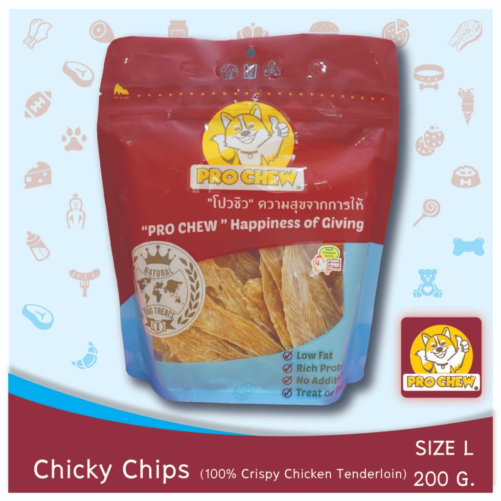 PRO CHEW Chicky Chips 200gโปวชิว สันในไก่อบกรอบ ชิกกี้ชิปส์ 200 กรัม ธรรมชาติ 100% ไม่แต่งสี แต่งกลิ่น -ขนมหมา ขนมสุนัข