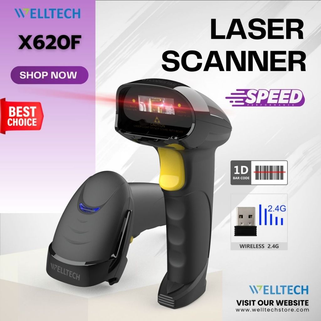 WELLTECH เครื่องสแกนบาร์โค้ดไร้สาย อ่านบาร์โค้ด 1D Laser Barcode Scanner รุ่น X-620F
