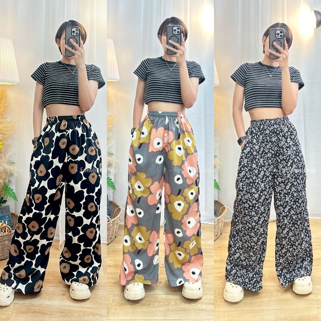 กางเกงขายาว ฟรีไซส์ ผ้าไหมอิตาลี ทรงกระบอกใหญ่ พรางหุ่น ใส่สบาย ขากว้าง พรางสะโพก มีกระเป๋าทั้งสองข้างเอวยางยืด (M17)