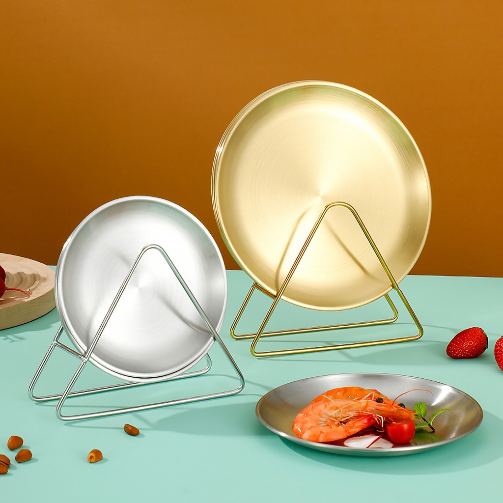 จานสไตล์เกาหลี จานสแตนเลสหนา ขนาด 14cm17cm20cm สีทองและสีเงิน จานทรงแบน ก้นตื้น - รูปที่ 3