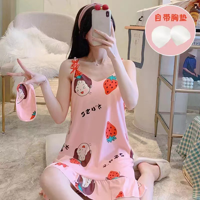 พร้อมส่งจากไทย ชุดนอนสายเดี่ยวลายน่ารัก ชุดนอนกรโปรงใส่สบาย พร้อมส่ง
