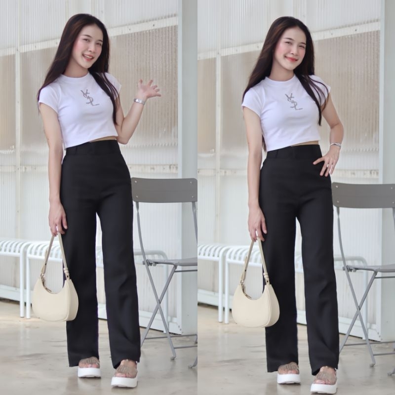 กางเกงขากระบอกเอวสูง ผ้าซาร่า ไม่หนาใส่สบาย S-XL