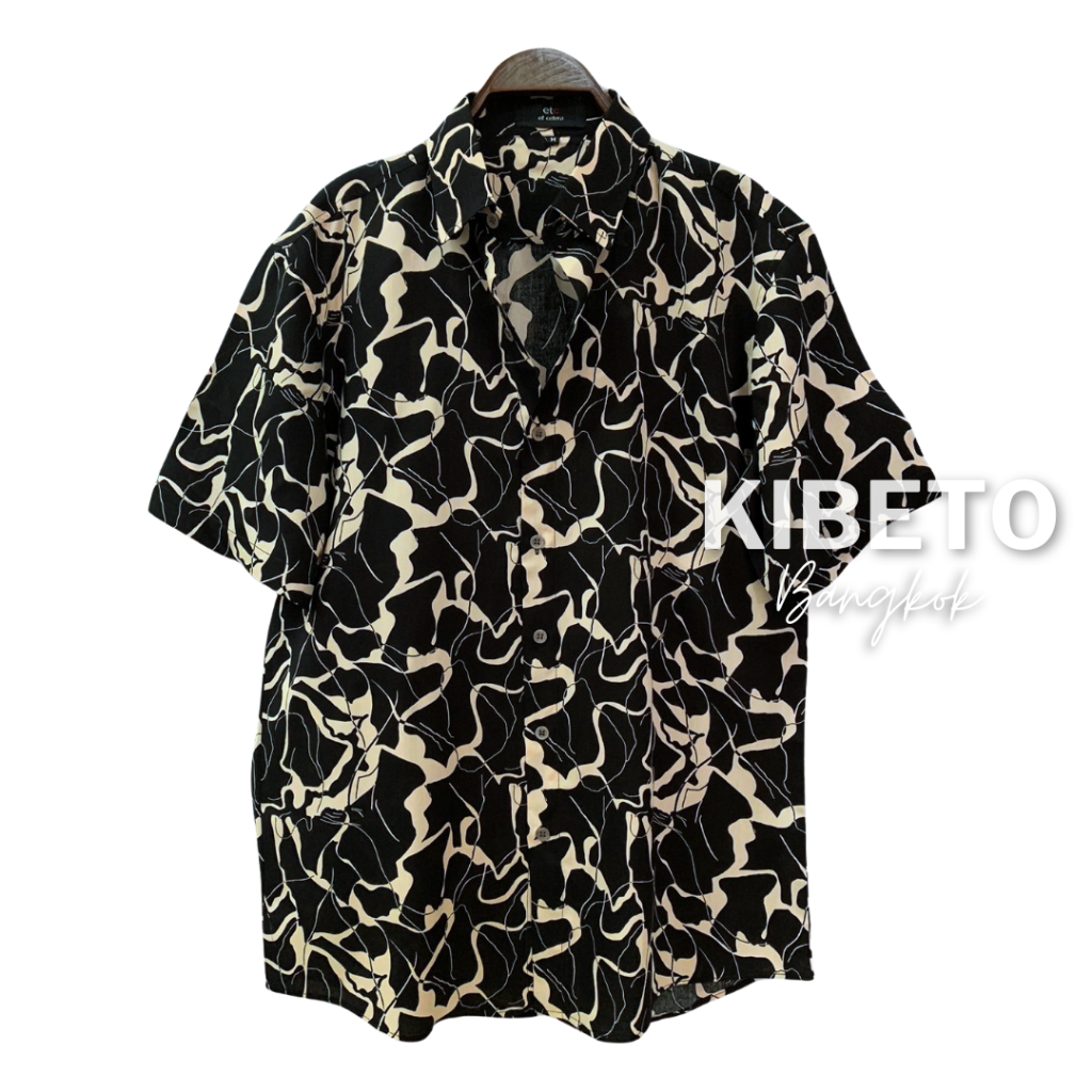 kibeto.bkk เสื้อเชิ้ตฮาวาย ลายเส้นกราฟฟิคสีดำ ผ้าสปันเรยอน เนื้อนิ่ม ใส่สบายไม่ร้อน