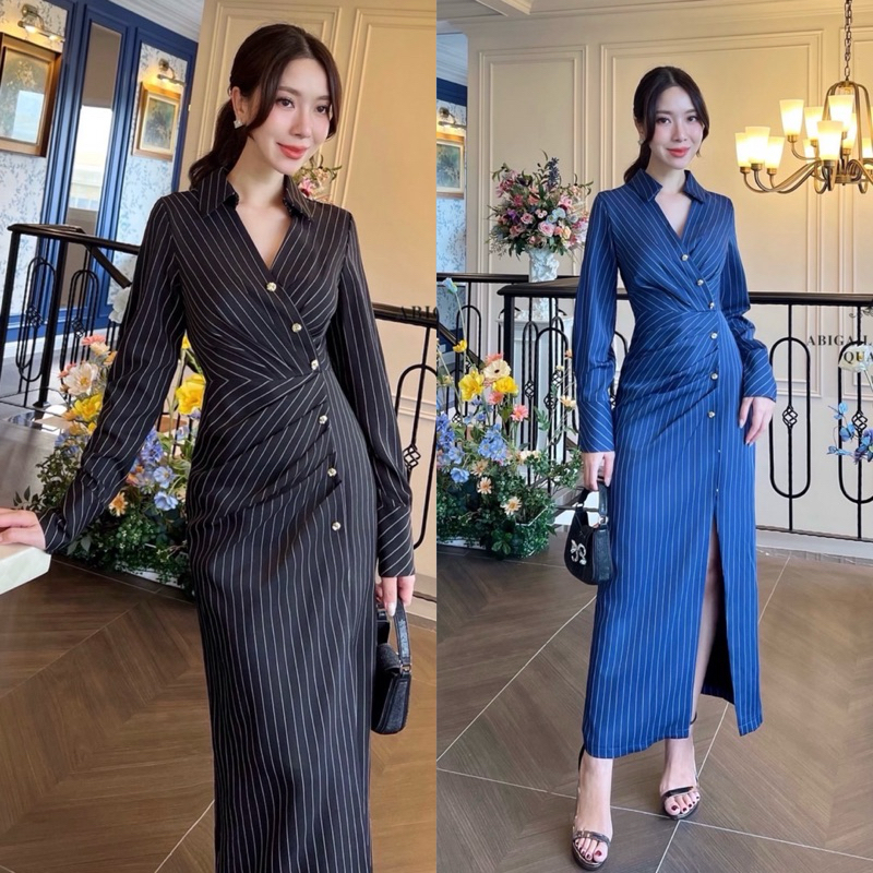 เดรสแขนยาวคอปกทางลายตัวยาวผ่าข้าง แซ่บๆ ใส่vacayถ่ายรูปกับแก๊งค์เพื่อนๆไม่มีผิดหวังเลย