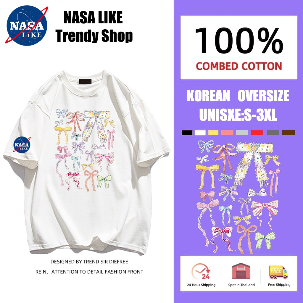 NASA LIKE จัดส่งตลอด 24 ชั่วโมง เสื้อยืดแขนสั้นพิมพ์ลายโบว์สำหรับผู้หญิงเสื้อระดับไฮเอนด์ฤดูร้อนดูดีสุดๆ ins oversize