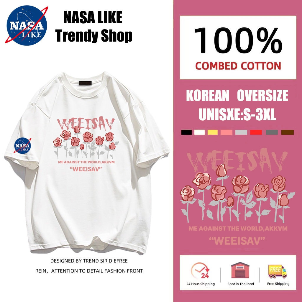 NASA LIKE⚡จัดส่งตลอด 24 ชั่วโมง⚡เสื้อยืดแขนสั้นผ้าฝ้าย 100 % สำหรับผู้หญิงการ์ตูนลายดอกไม้ลายดอกไม้สั้น Flower pattern
