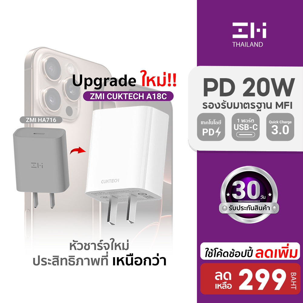 [ราคาพิเศษ] ZMI HA716 / HA716C / A18C / AL870 / AL873 / AL875 หัวชาร์จสำหรับ iPhone 20W รองรับเทคโนโ