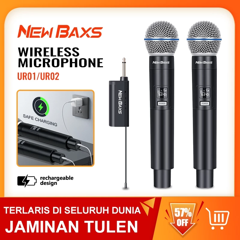 NEW BAXS UR01/UR02 ไมโครโฟนไร้สาย 2 ไมโครโฟนแบบใช้มือถือ 50M ระยะทางรับ UHF FM Cyclic ชาร์จไม่มีการรบกวน KTV
