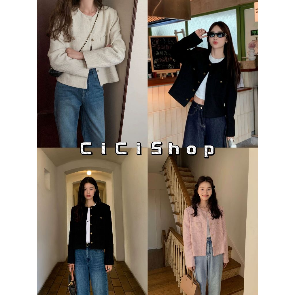 Cicishop(3331)เสื้อแขนยาวผ้าทวิต แต่งกระดุมทอง สวยเรียบหรูผู้ดีฝรั่งเศษ