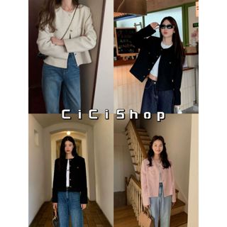 Cicishop(3331)เสื้อแขนยาวผ้าทวิต แต่งกระดุมทอง สวยเรียบหรูผู…
