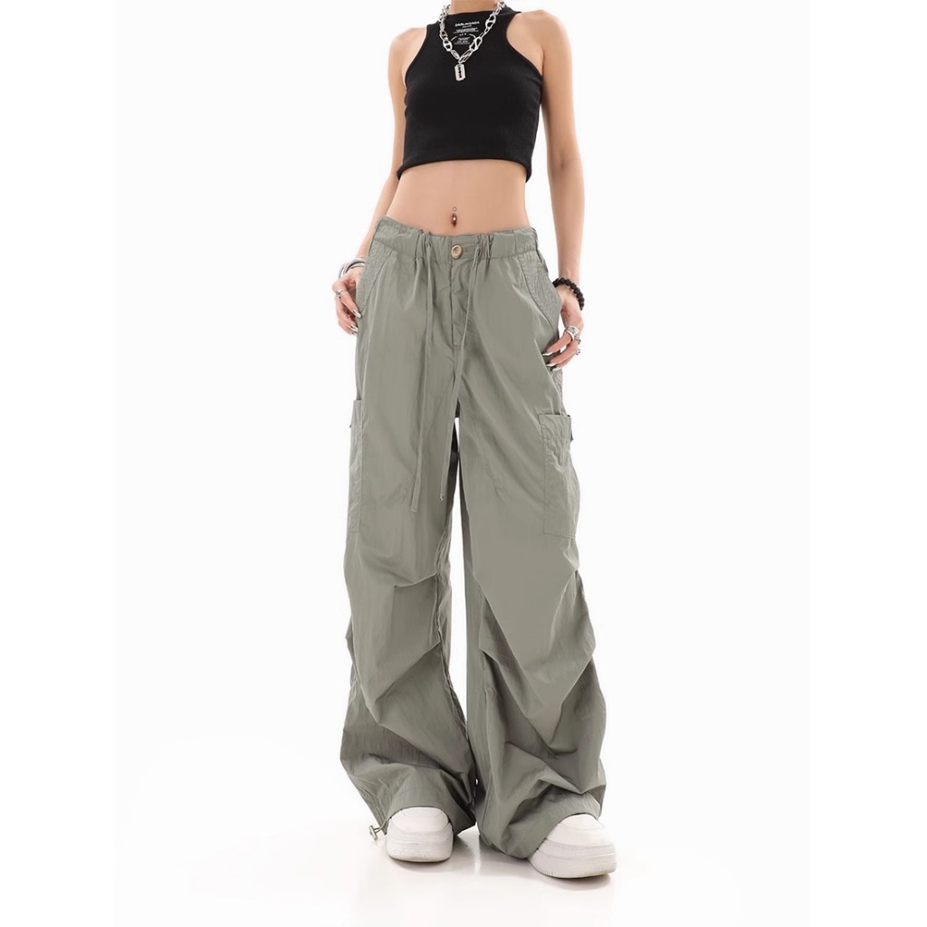 อเมริกันสีเขียว Quick-drying Overalls สำหรับผู้หญิง 2024 ใหม่ High Street Retro ขากว้างความยาวพื้นสบายๆกางเกงครีมกันแดด