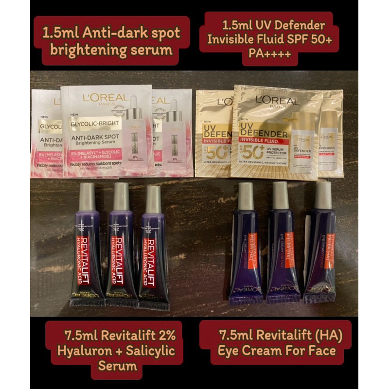 L'Oreal Parisขนาดพกพา 1.5ml L'Oreal Paris UV / Anti-dark spot brightening 7.5ml revitalift hyaluronic acid/ Eye Cream