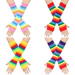 ถุงมือสีรุ้ง ครึ่งนิ้วลายสายรุ้ง ถุงมือยาว