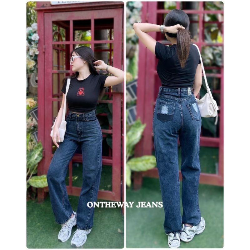 เกงยีนส์ขากระบอก สีโนว์มิด รุ่นใหม่ สวยๆ เอวสูง เก็บพุง