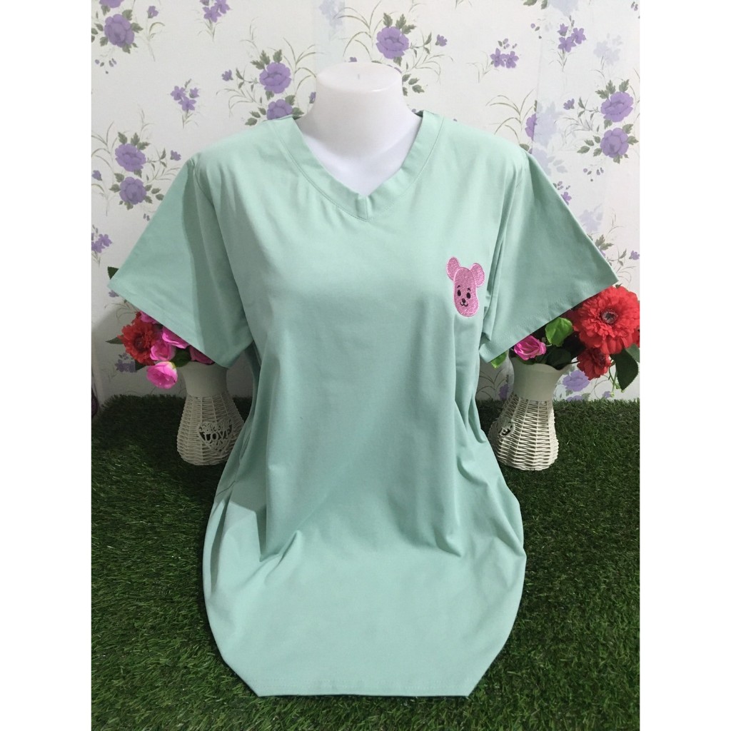 เสื้อยืดผู้หญิง สาวอวบ เสื้อผ้าผู้หญฺิง แขนสั้น คอวี รอบอก 48-50นิ้ว ลายปักการ์ตูน รุ่น9219-5