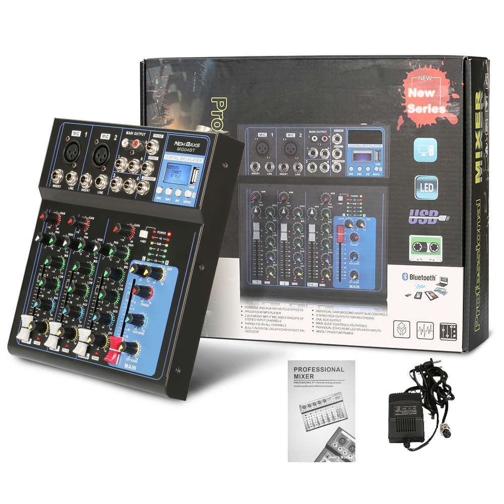 NEW BAXS AUDIO MIXER มิกเซอร์มืออาชีพ 4 ช่อง MG04BT มิกเซอร์ สัญญาณ USB Amplifiers เครื่องขยายเสียง KTV เครื่องขย