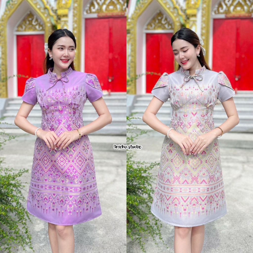 เดรสผ้าไทย ผ้าไหมแกมฝ้ายทรงสอบสีม่วงและเทา คอจีนผูกโบว์ แขนตุ๊กตา อัดกาวอย่างดี(RC0011-12)