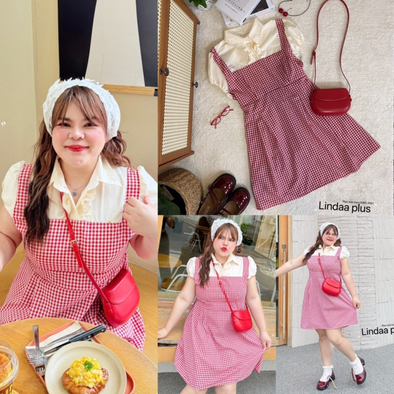 Cuga Dress เดรสเอี๊ยมสก๊อตแดงแต่งเสื้อแขนตุ๊กตาครีมสาวอวบไซส์ใหญ่ (มีไซส์L-Xl)