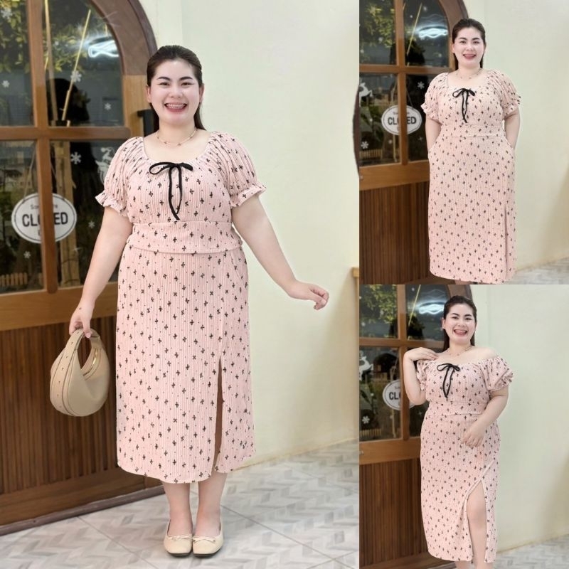 W0040 เซ็ทกระโปรงผ่าหน้า เสื้อตุ๊กตาปาดไหล่ ลุคคุณหนู ไซซ์สาวอวบ