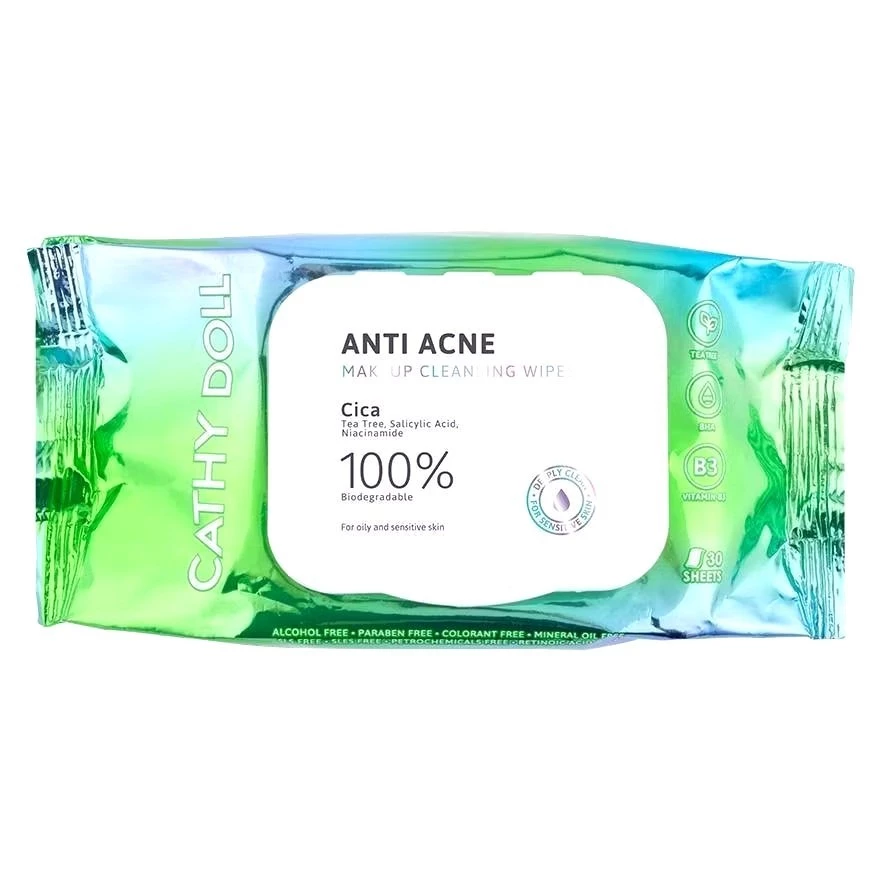 Cathy doll ทิชชู่เปียกเช็ดเครื่องสำอาง Anti ACNE สูตรแอนตี้แอคเน่ เมคอัพคลีนซิ่ง จำนวน30แผ่น