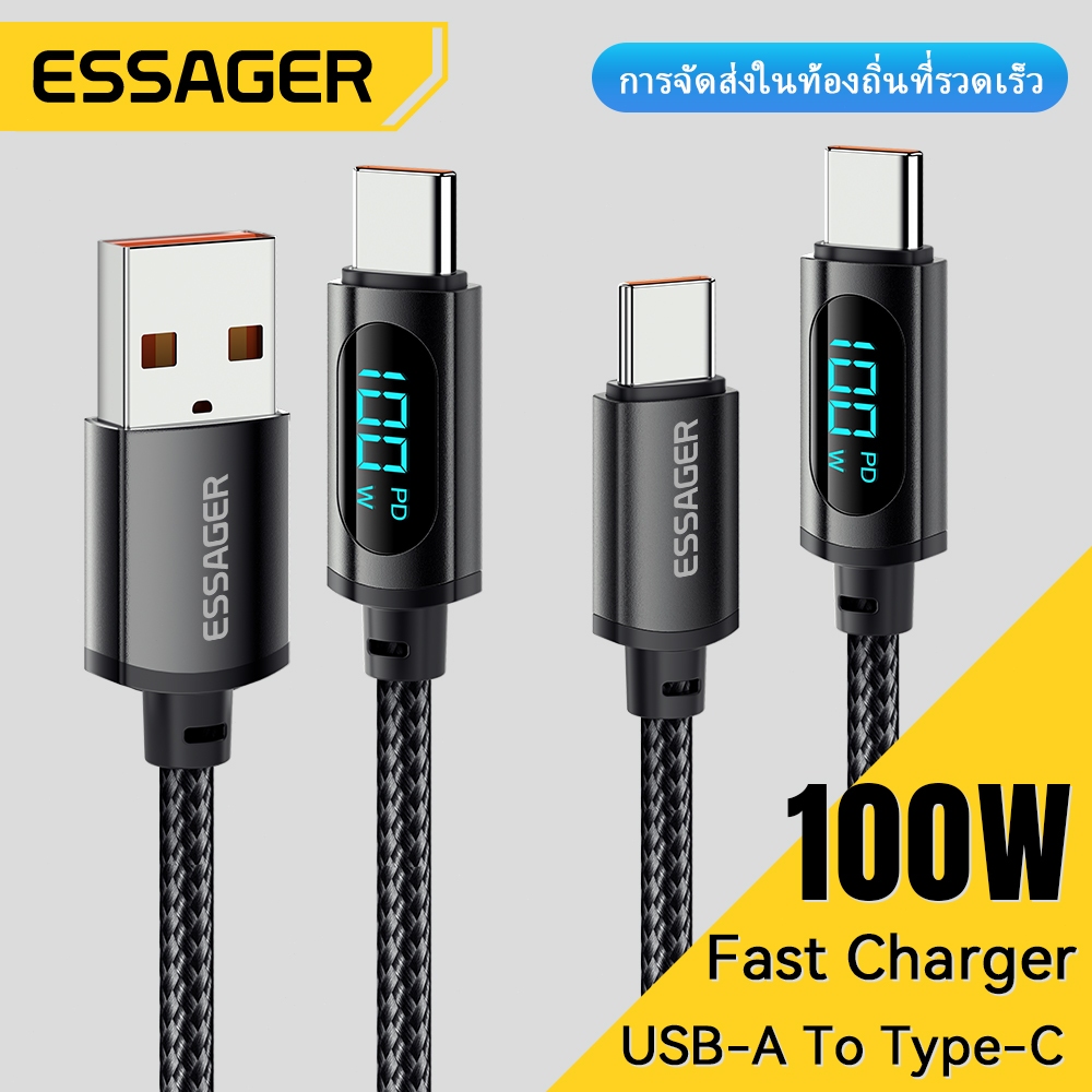 Essager 7A 100W สายเคเบิล USB A to Type C to Type C พร้อมจอแสดงผลกำลังไฟ สายชาร์จเร็ว PD