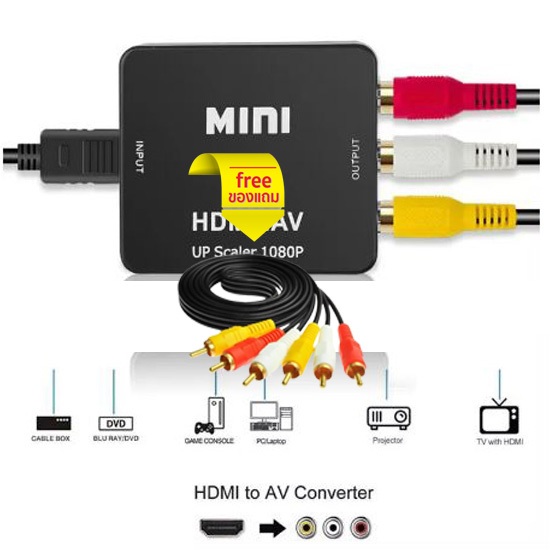 HDMI to AV กล่องแปลงสัญญาณภาพและเสียงจาก HDMI เป็น AV (RCA ขาว แดง เหลือง) แถมสาย AV 1 เส้น สีดำ