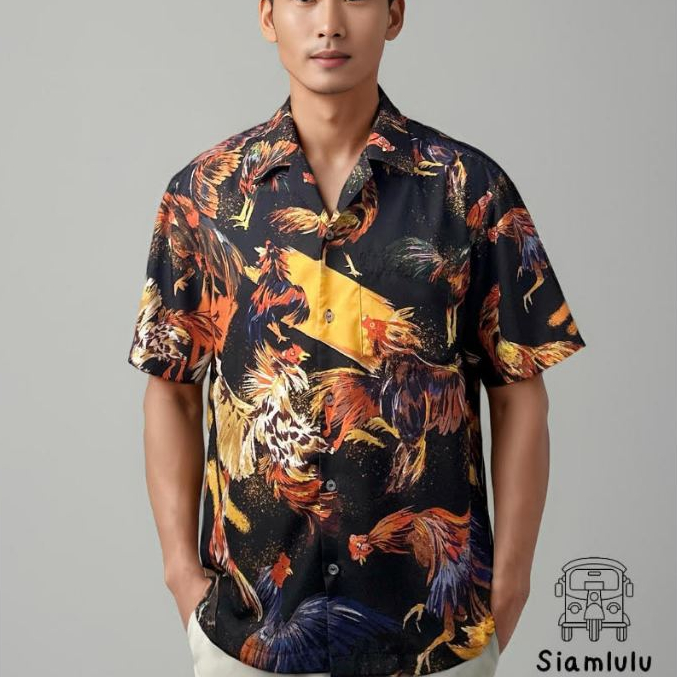 Siamlulu เสื้อฮาวายผู้ชาย ลาย " ไก่ชน " สีดำ