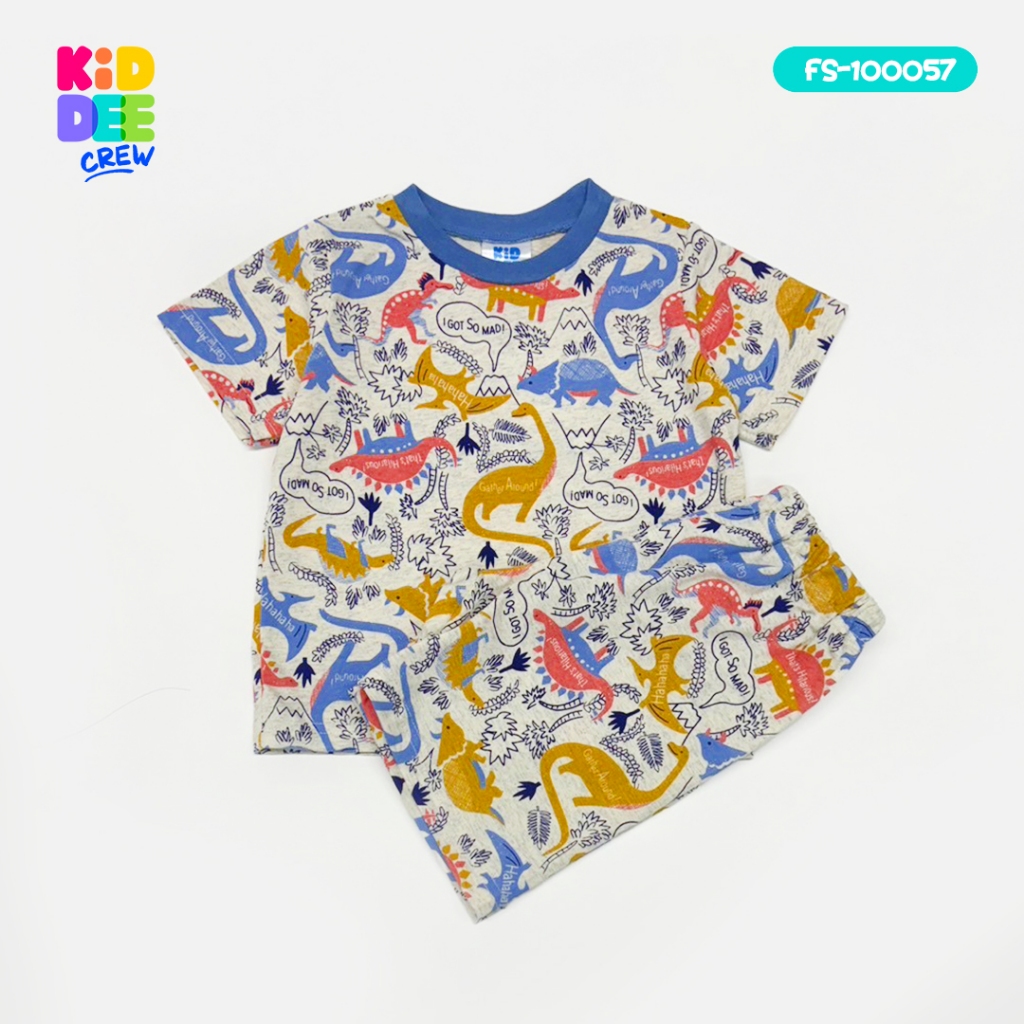 KiddeeCrew ชุดเซ็ทเด็ก เสื้อกางเกงแขนขาสั้น ผ้าcotton100% เสื้อผ้าเด็กลาย ครีมลายไดโนเสาร์ คละสี เหมาะอายุ 1 ปีถึง 12 ปี