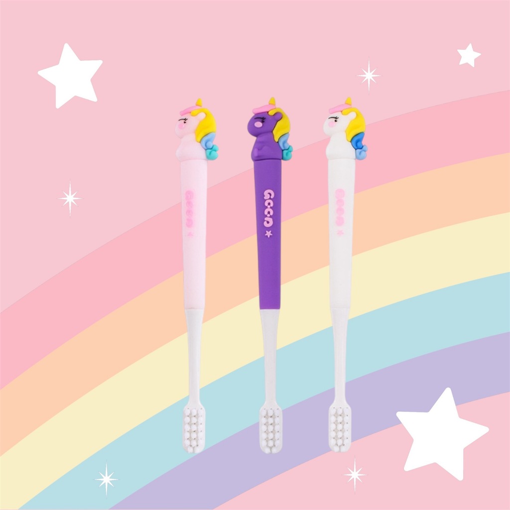 แปรงสีฟันลายยูนิคอร์นขนยาว ด้ามจับซิลิโคน พร้อมกล่องเก็บ