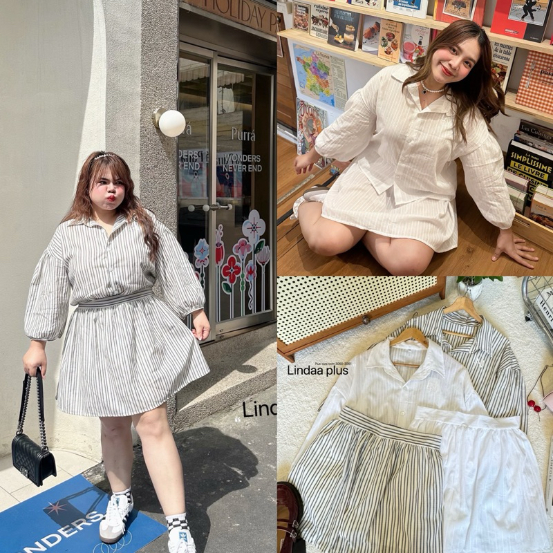 (LD) เซต เสื้อแขนยาว + กระโปรง ผ้าลายริ้ว มีกิมมิกปัก LN 𐙚 ใส่ทำงาน ใส่เที่ยว เสื้อผ้าสาวอวบอ้วน พลัสไซส์ ไซส์ใหญ่