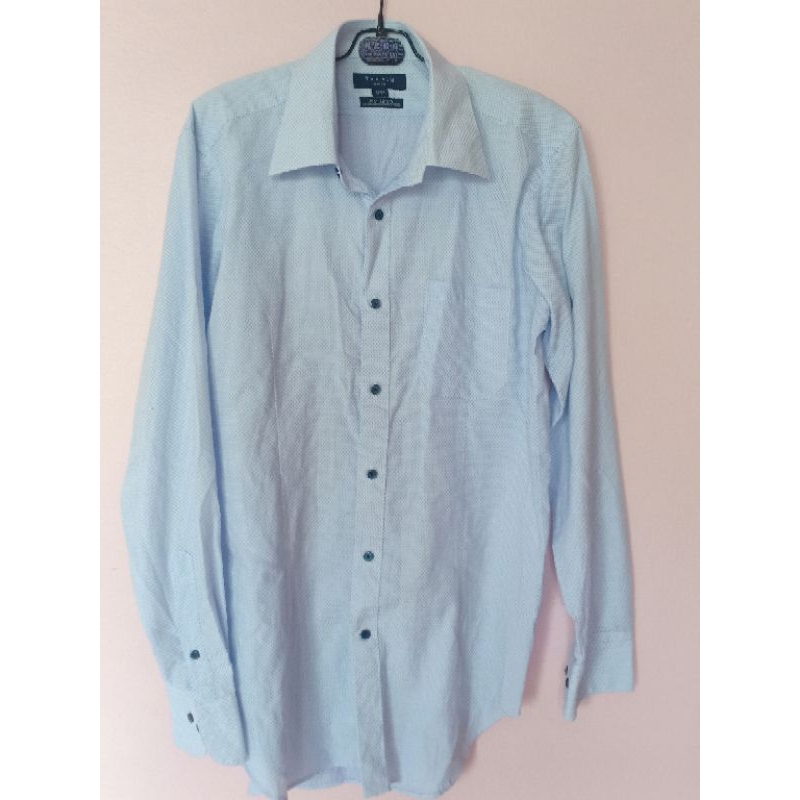 ถ547(m58)#ส11เสื้อเชิ้ตชายแขนยาวคอปกเนื้อผ้าลายตารางเล็กสีฟัาใส่ทำงานได้ค่ะ