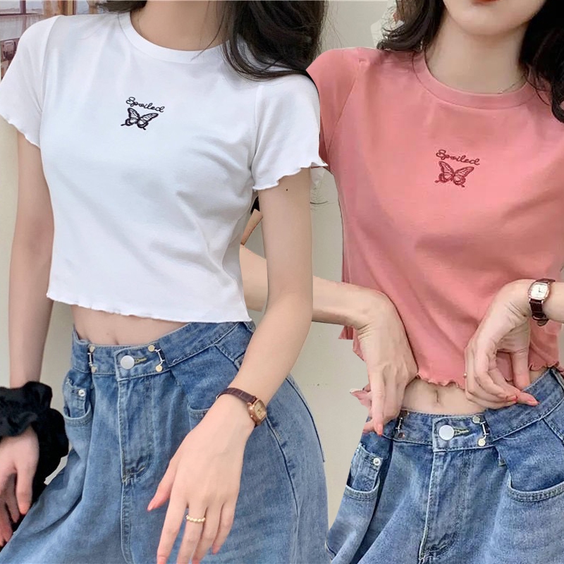เสื้อยืดแขนสั้น ปกสีพื้นสไตล์เกาหลี ของผู้หญิง,เสื้อครอปเพรียวบาง สีชมพู สีดำและสีขาว ปักลายผีเสื้อ น่ารักๆ