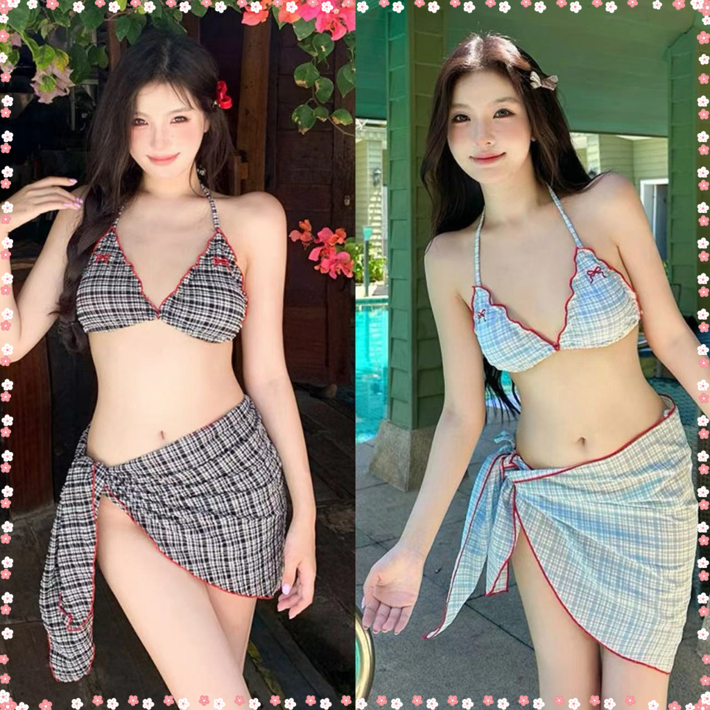 Swift Bra ชุดว่ายน้ำผู้หญิงสไตล์เกาหลี บิกินี่ 3 ชิ้น บิกินี่+กระโปรง ลายย้อนยุค แบบใหม่ ผ้าเนื้อดี