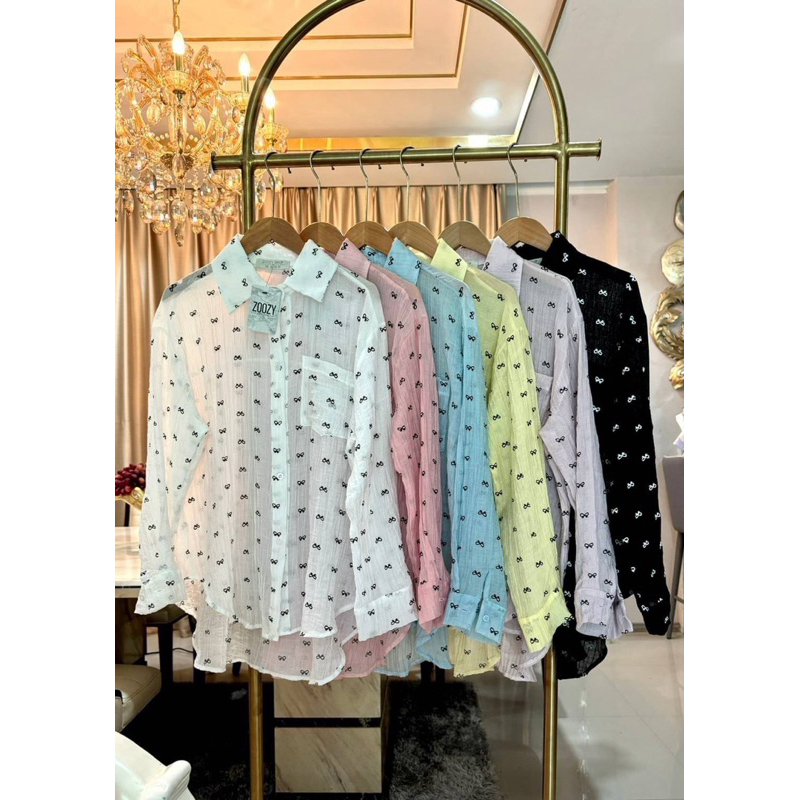 เสื้อเชิตทรง Oversized (ผ้าชีฟองอัดพรีท) พิมพ์ลายโบว์