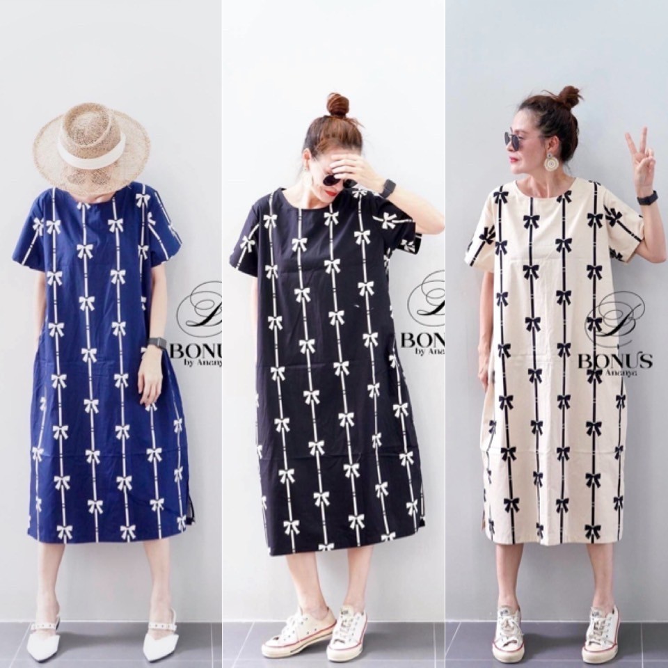 BONUS dress 1.86 ชุดเดรสคอกลมผ้าคอตตอนญี่ปุ่น 100% พิมพ์ลายโบว์น่ารัก"" สวยสดุดตา ใส่สบายไม่ร้อน