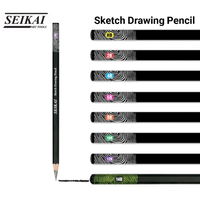 Seikai ชุดดินสอแรเงา 8 แท่ง Sketch Drawing Pencil ระดับความเข้ม HB, 2B, 4B, 6B, 8B, 10B, 12B และ 14B (ราคายกชุด 8 แท่ง)