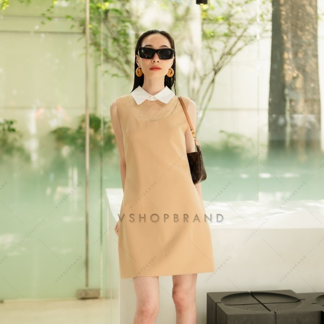 พร้อมส่ง เดรสแขนกุดคอปกแต่งซีทรูลูกไม้อก งานป้าย vshopbrand