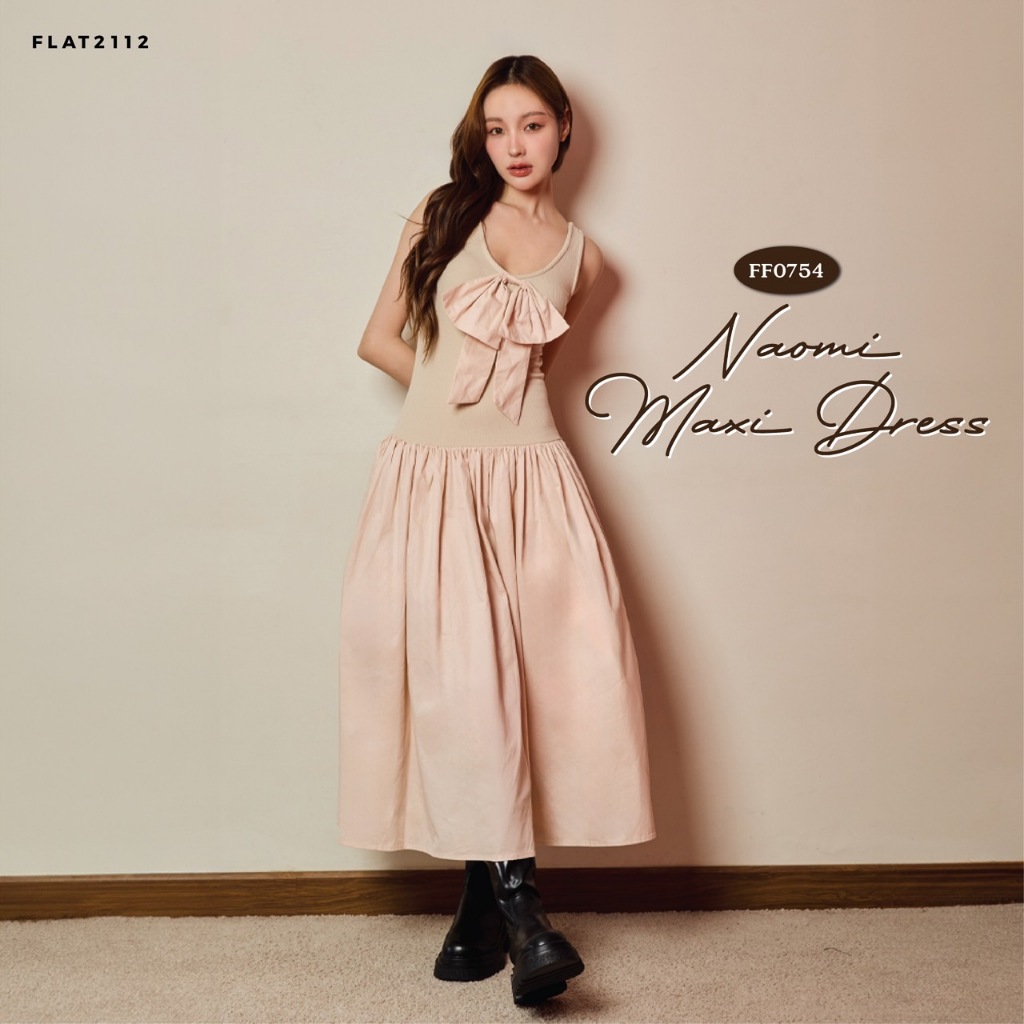FLAT2112 FF0754 : NAOMI MAXI DRESS เดรสยาว ผ้ายืดเข้ารูป โบว์กลางอก